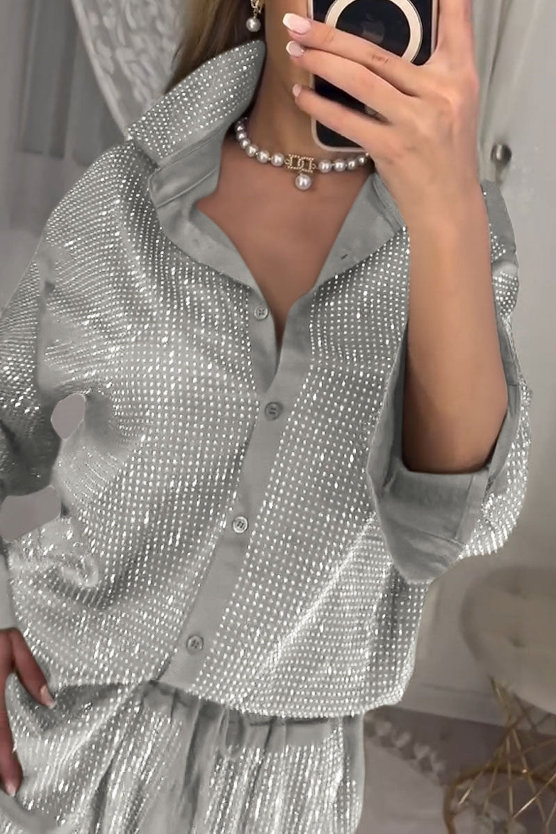 Stylish Diamond-embellished Top and Pants Two-piece Set