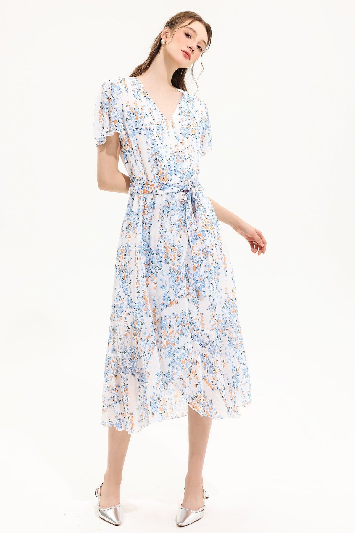 V-neck Short Sleeve Midi Dress Yellow