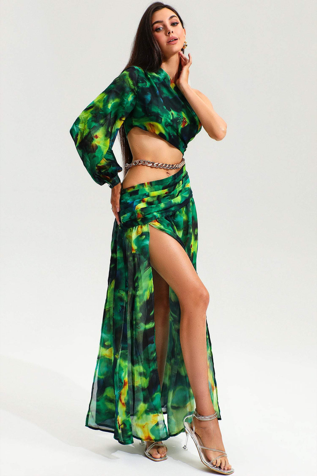 Printed One-shoulder Cutout Ruched Slit Maxi Dress Green