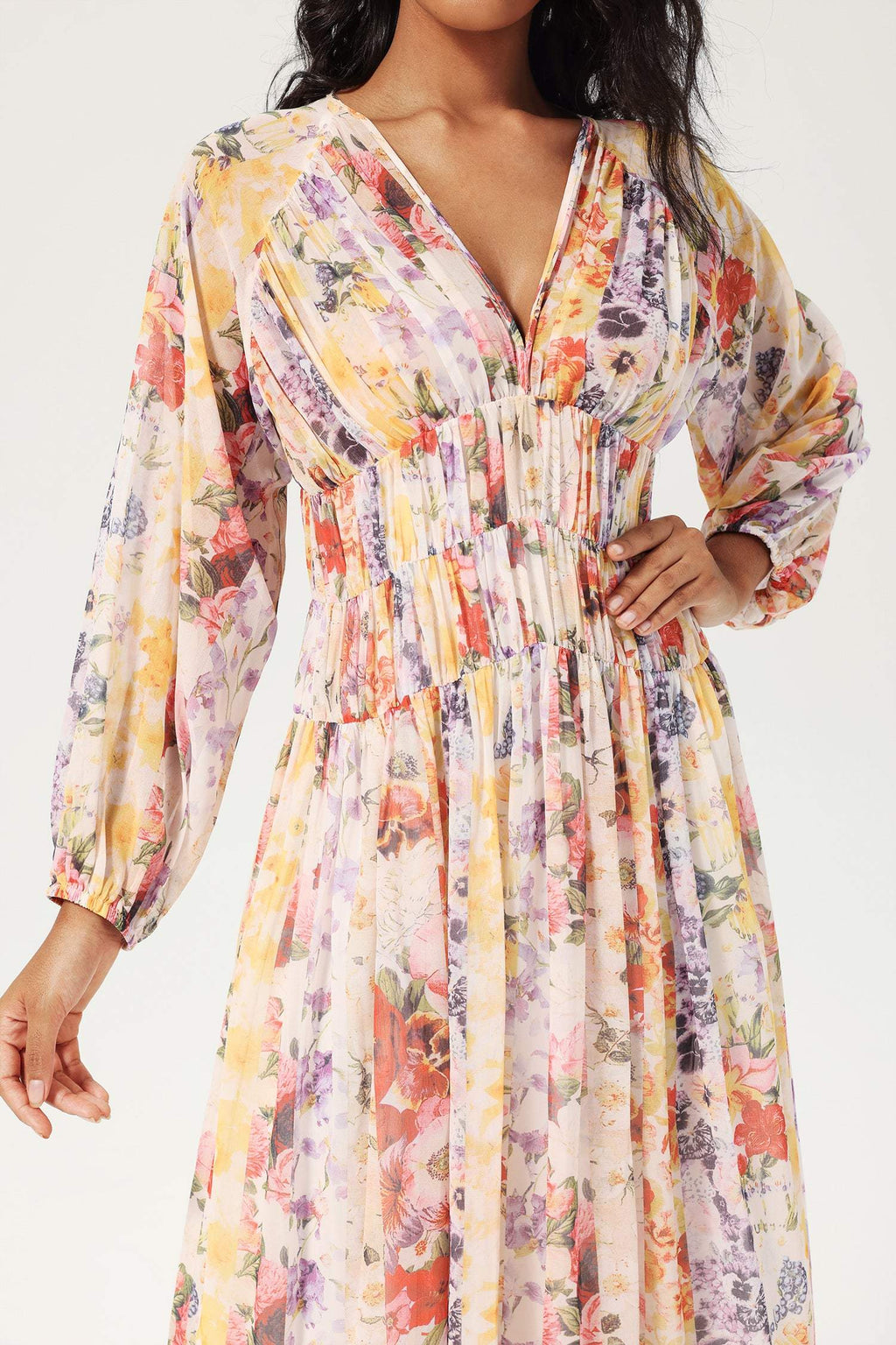 V-neck Lantern Sleeve Midi Dress