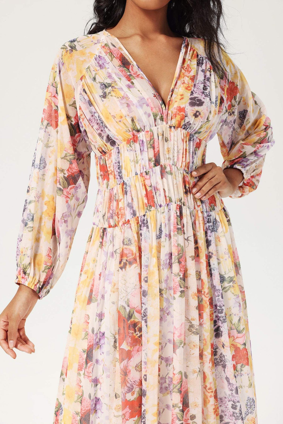 V-neck Lantern Sleeve Midi Dress