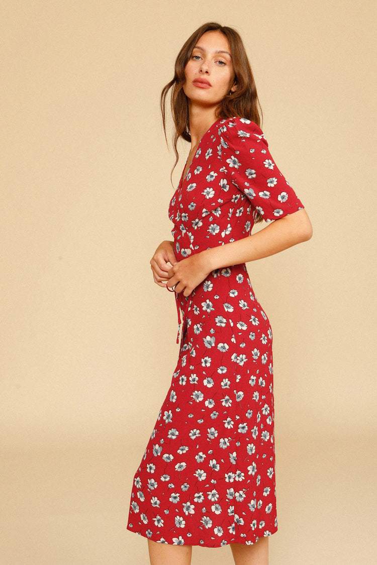 Silk Short Sleeve V-neck Print Midi Dress