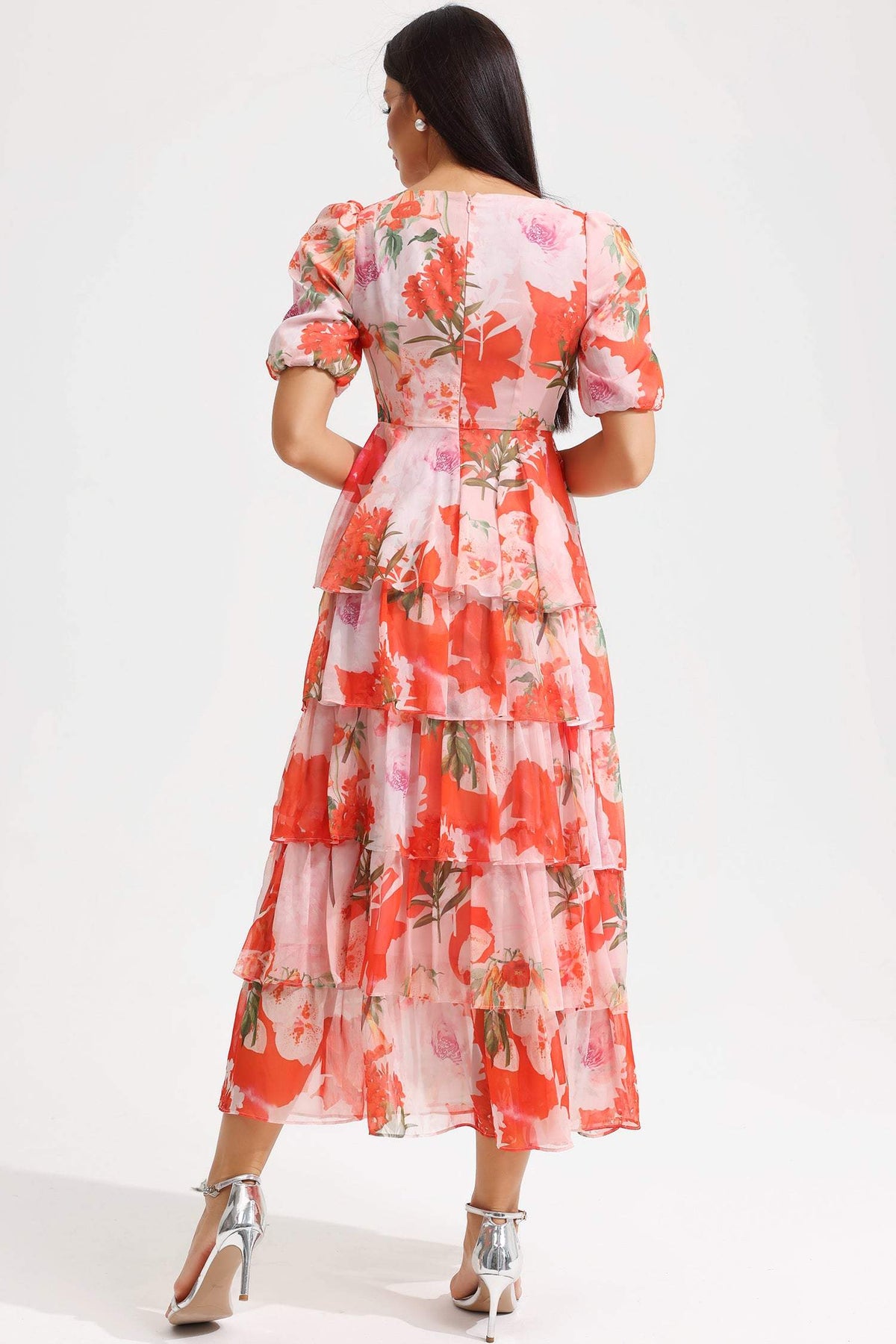 Square Collar Lantern Sleeve Tapered Waist Midi Dress