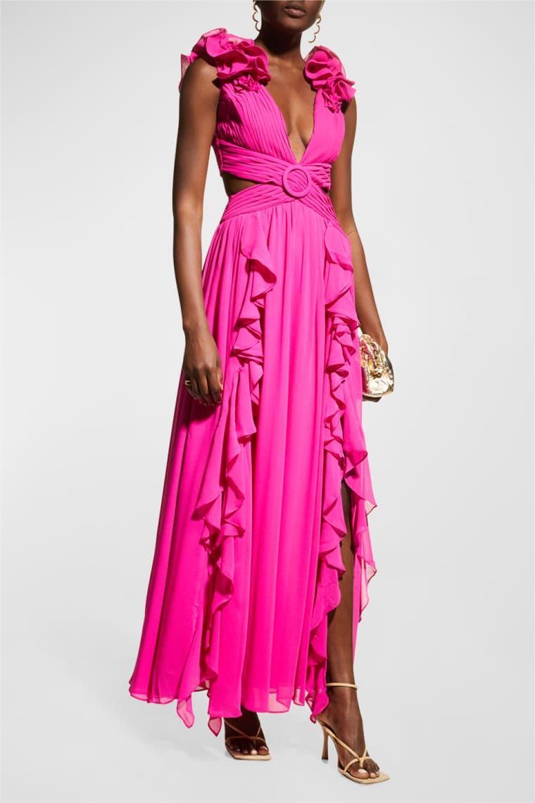 Sleeveless V-neck Ruffle Hem Lace Up Maxi Dress
