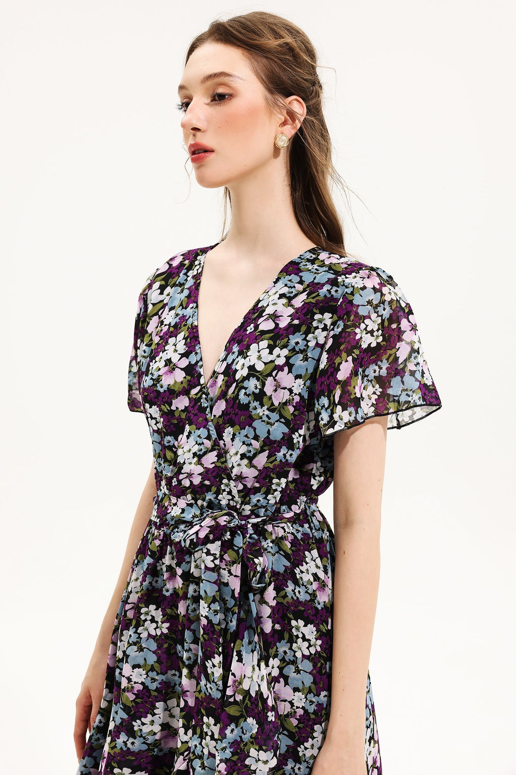 V-neck Short Sleeve Midi Dress Yellow