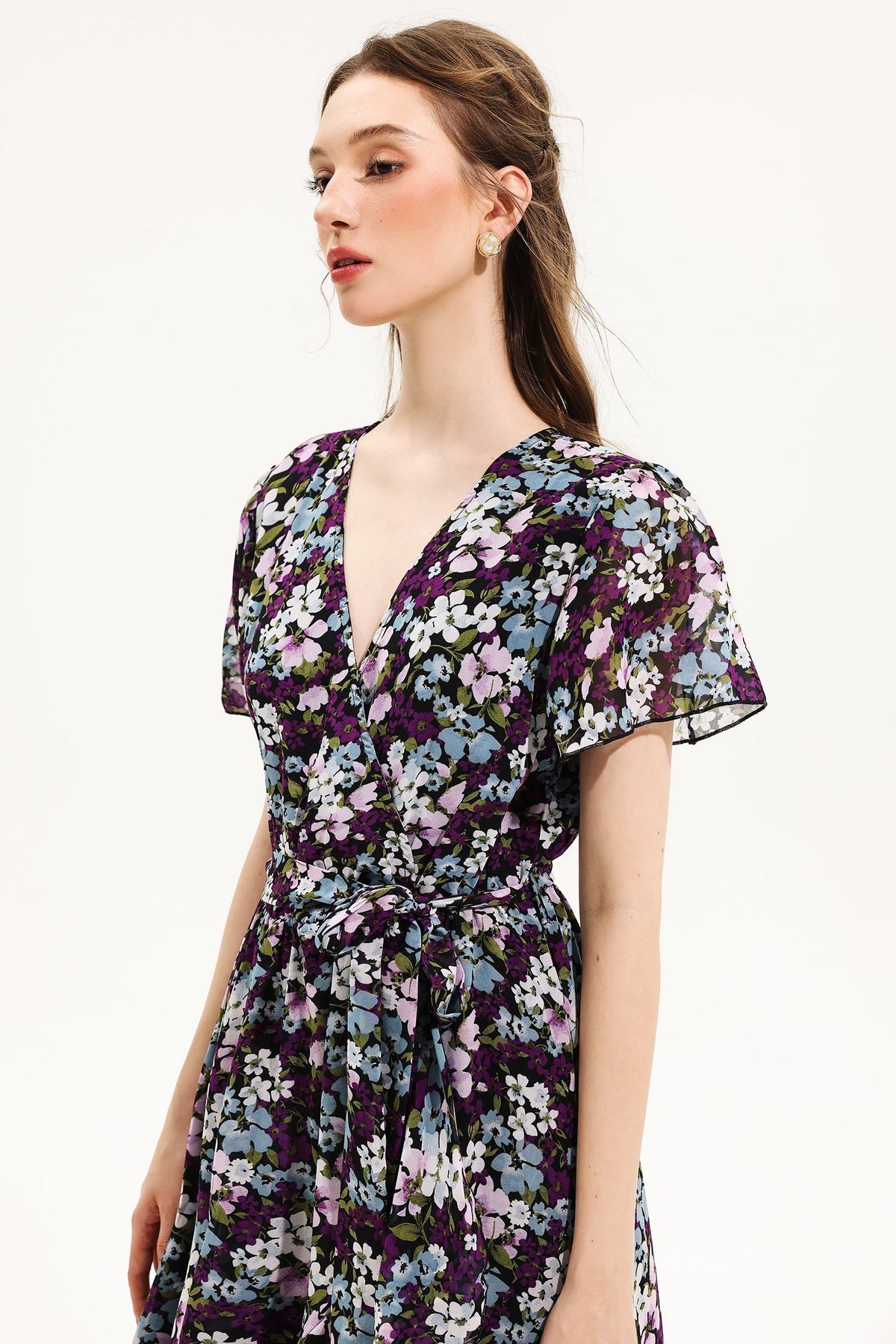 V-neck Short Sleeve Midi Dress Yellow