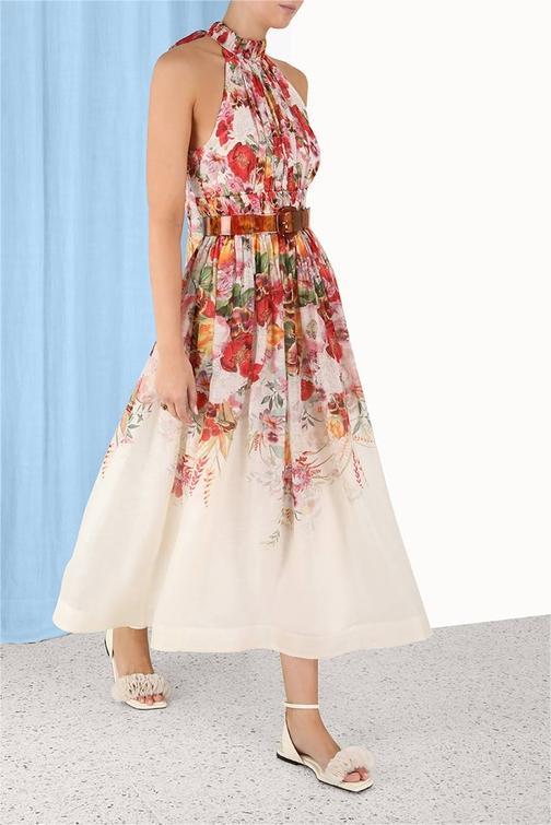 Sleeveless Pleated Halter Neck Midi Dress
