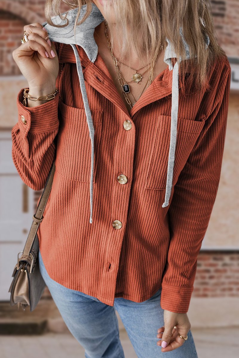 Lapel Button Cardigan Pocket Hood Drawstring Striped Jacket