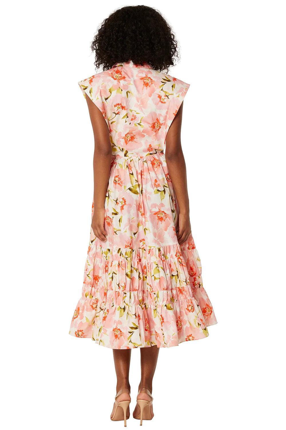 Lapel Collar Buckle Smocked Elastic Midi Dress