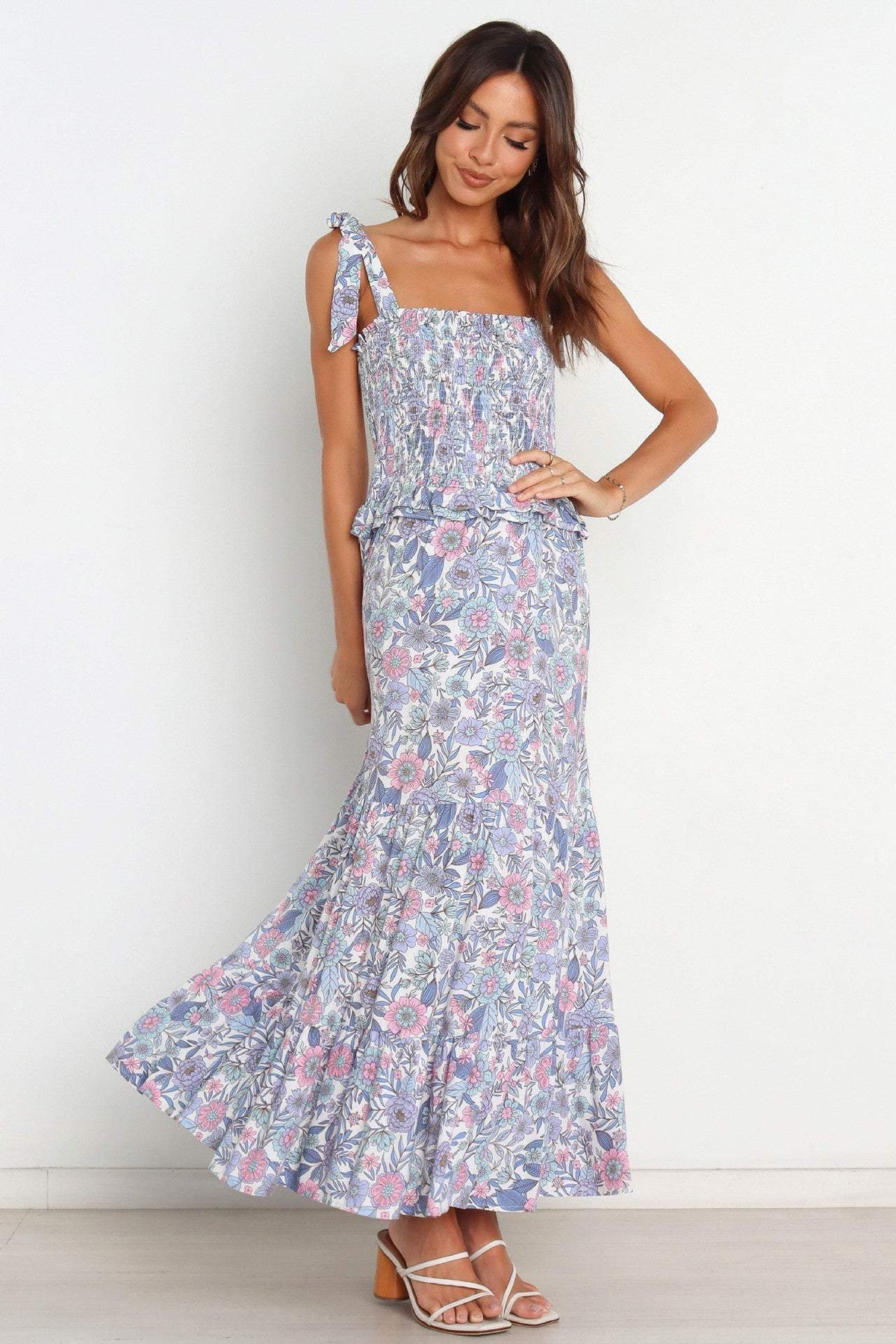 Smocked Elastic Lace Up Shoulder Cami Midi Dress