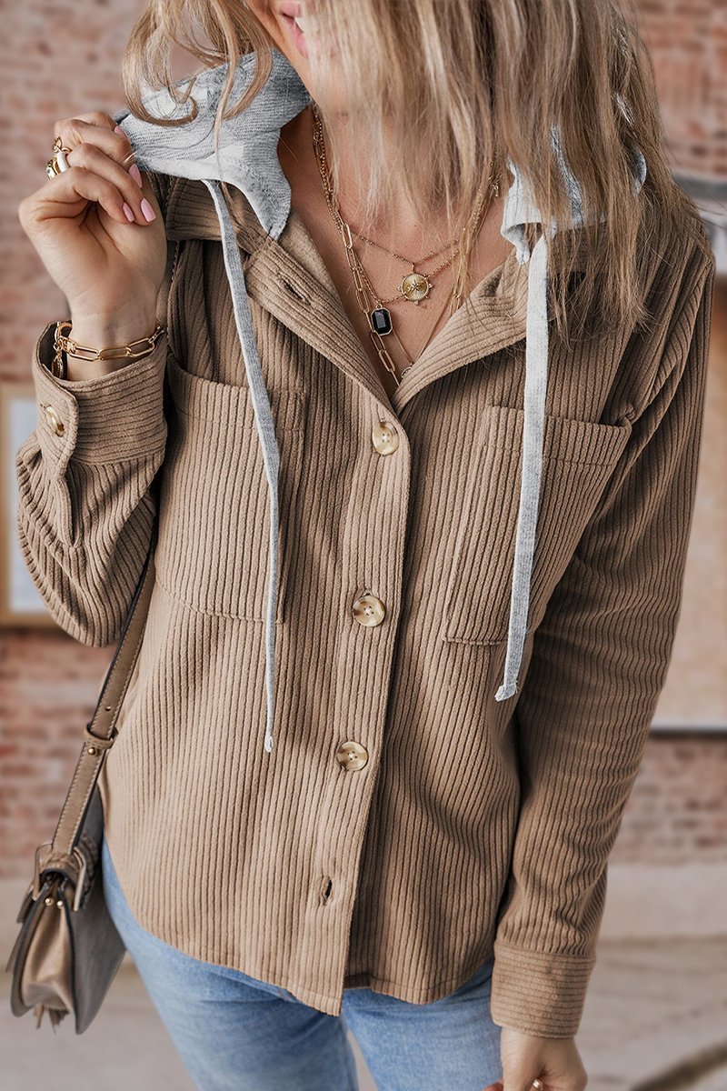 Lapel Button Cardigan Pocket Hood Drawstring Striped Jacket