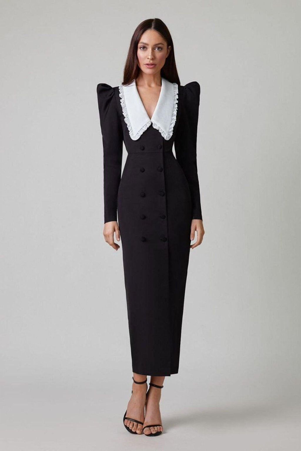 Ruffled Swallow Contrasting Collar Long Sleeve Split Midi Dress