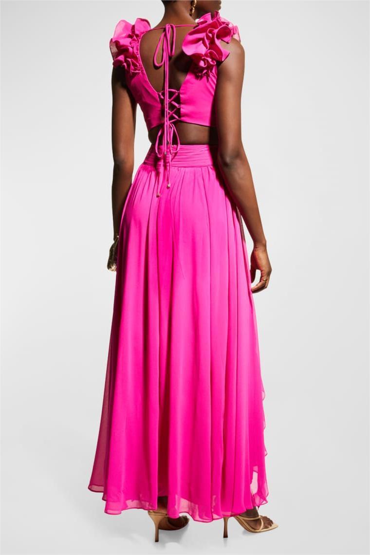 Sleeveless V-neck Ruffle Hem Lace Up Maxi Dress