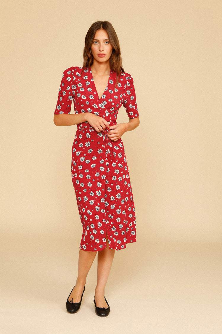 Silk Short Sleeve V-neck Print Midi Dress