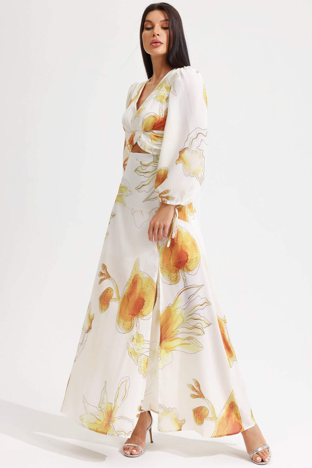 Printed Lantern Sleeve V-neck Cut-out Midi Dress White