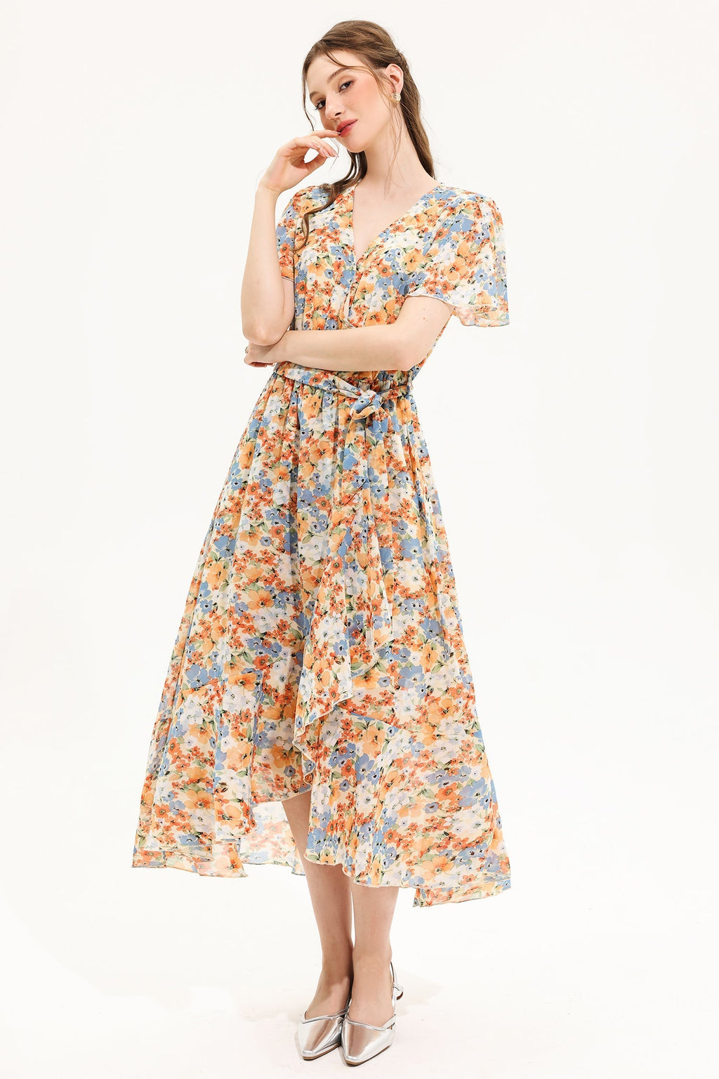 V-neck Short Sleeve Midi Dress Yellow