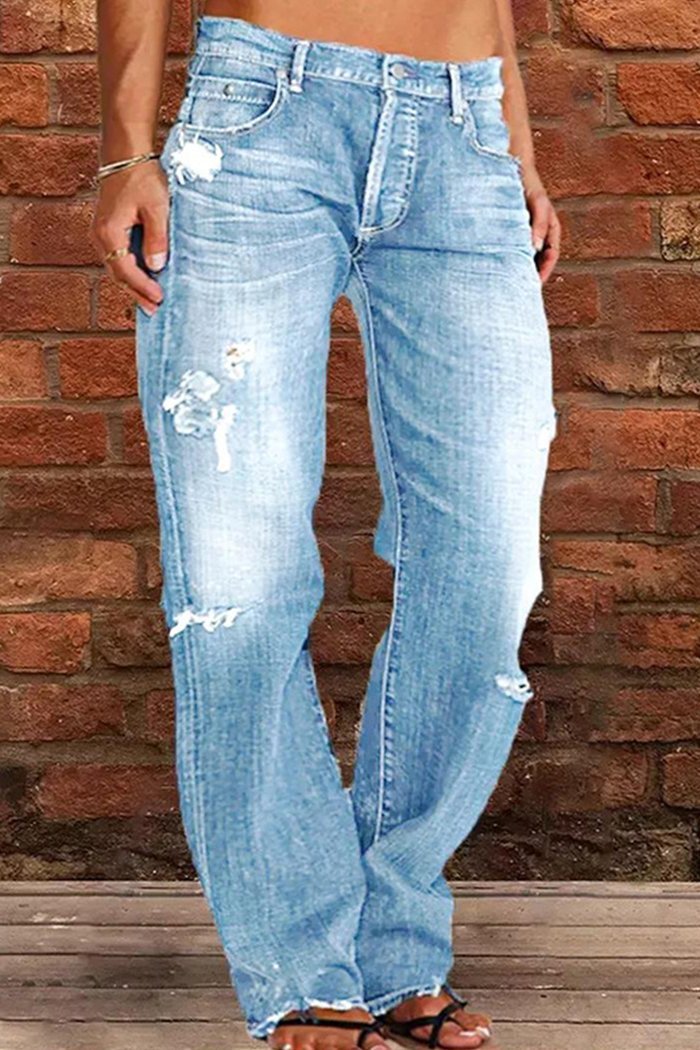 Mid-rise Ripped Straight Pants