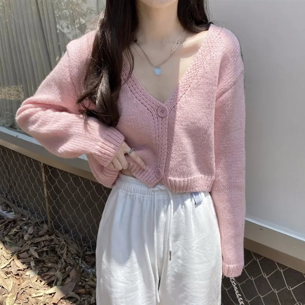 Knitted Cropped Korean V-neck Y2k Cardigan