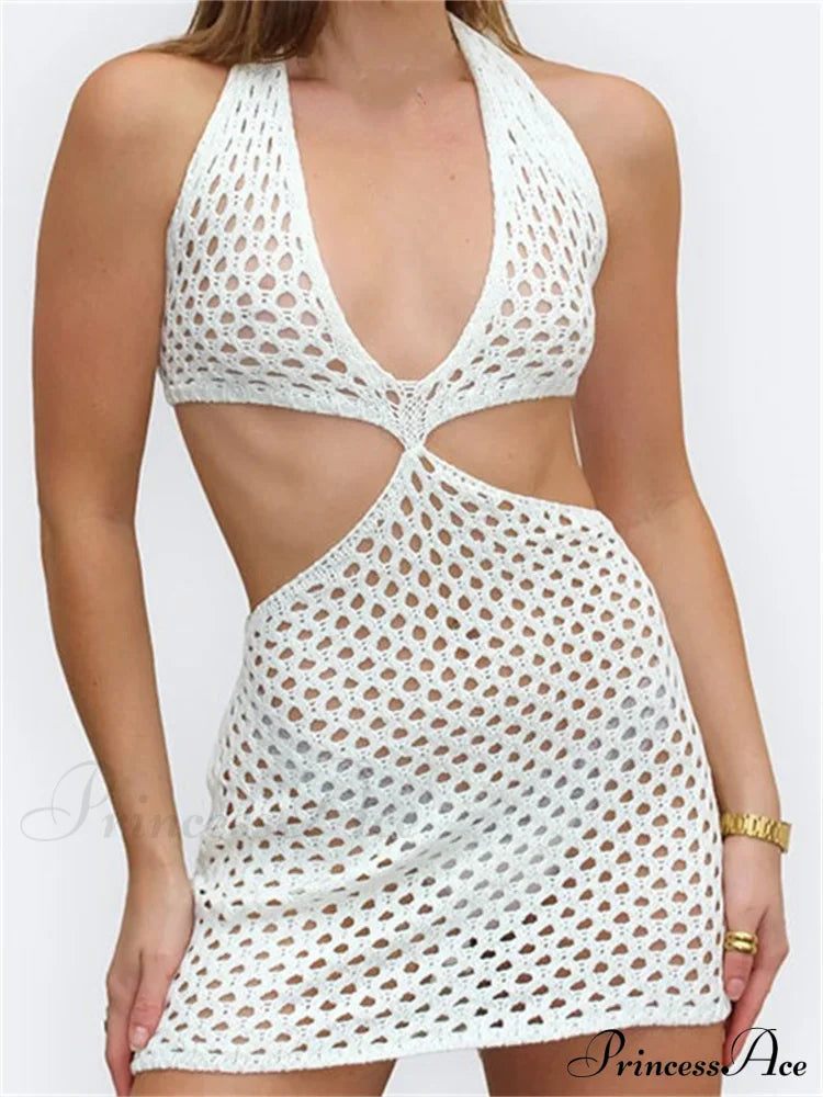 Knitted Halter Hollow Out Summer Lace Up Mini Dress
