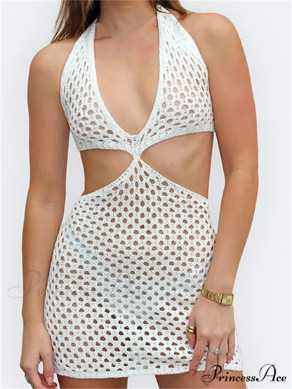 Knitted Halter Hollow Out Summer Lace Up Mini Dress
