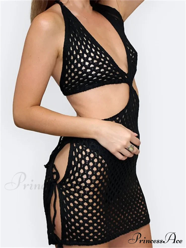 Knitted Halter Hollow Out Summer Lace Up Mini Dress