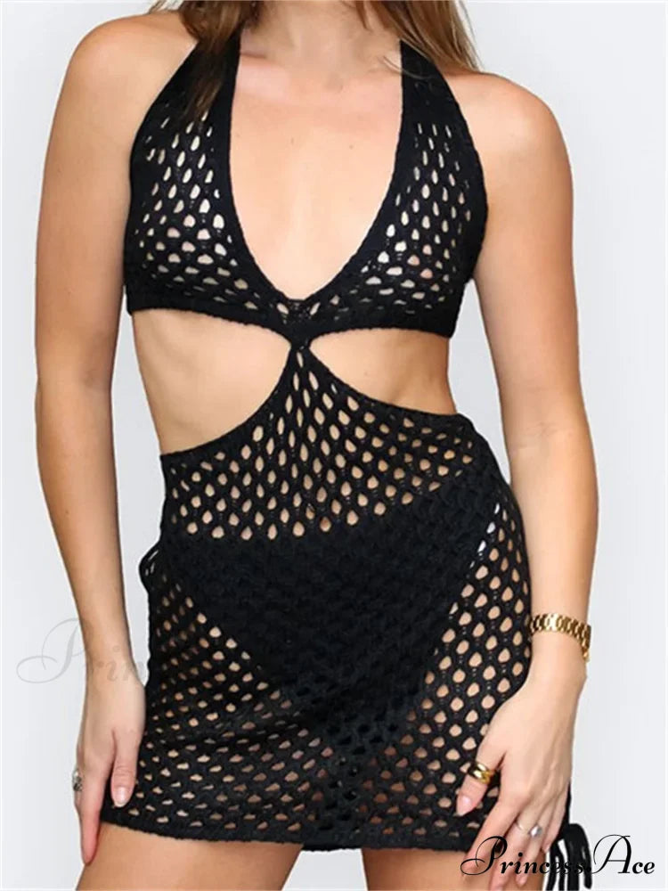 Knitted Halter Hollow Out Summer Lace Up Mini Dress
