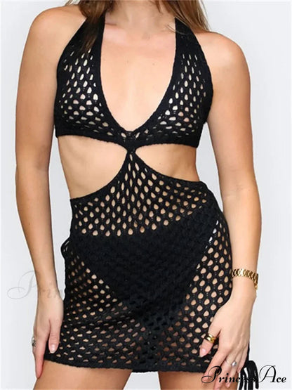 Knitted Halter Hollow Out Summer Lace Up Mini Dress