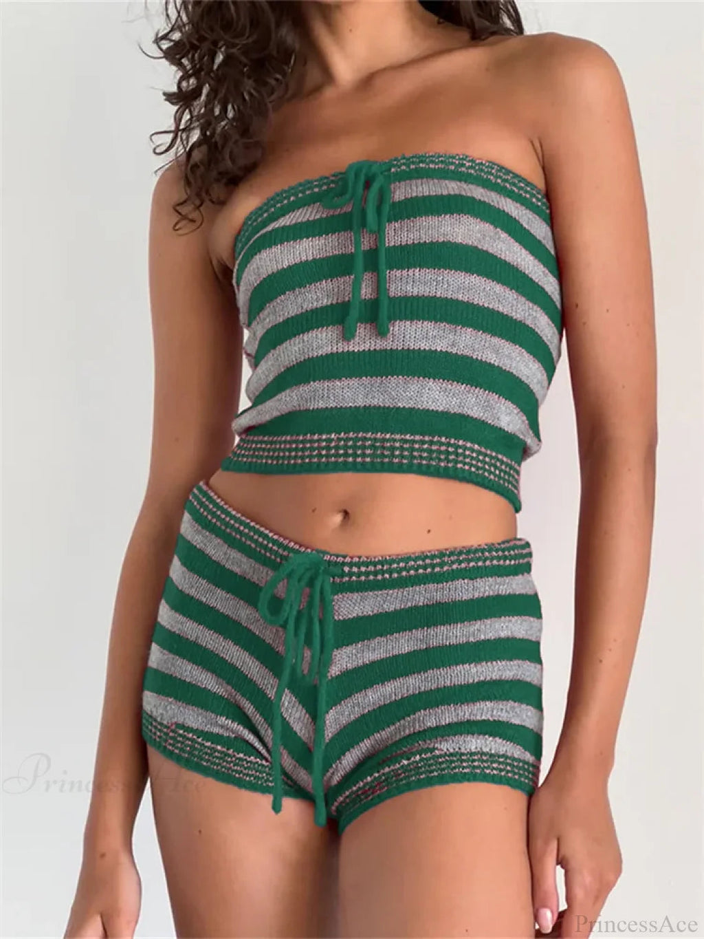 Knitted Striped Off Shoulder Crop Tube Top With Drawstring Shorts Set