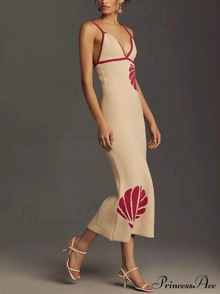 Knitted Suspender Halterneck V-neck Graceful Backless Midi Dress
