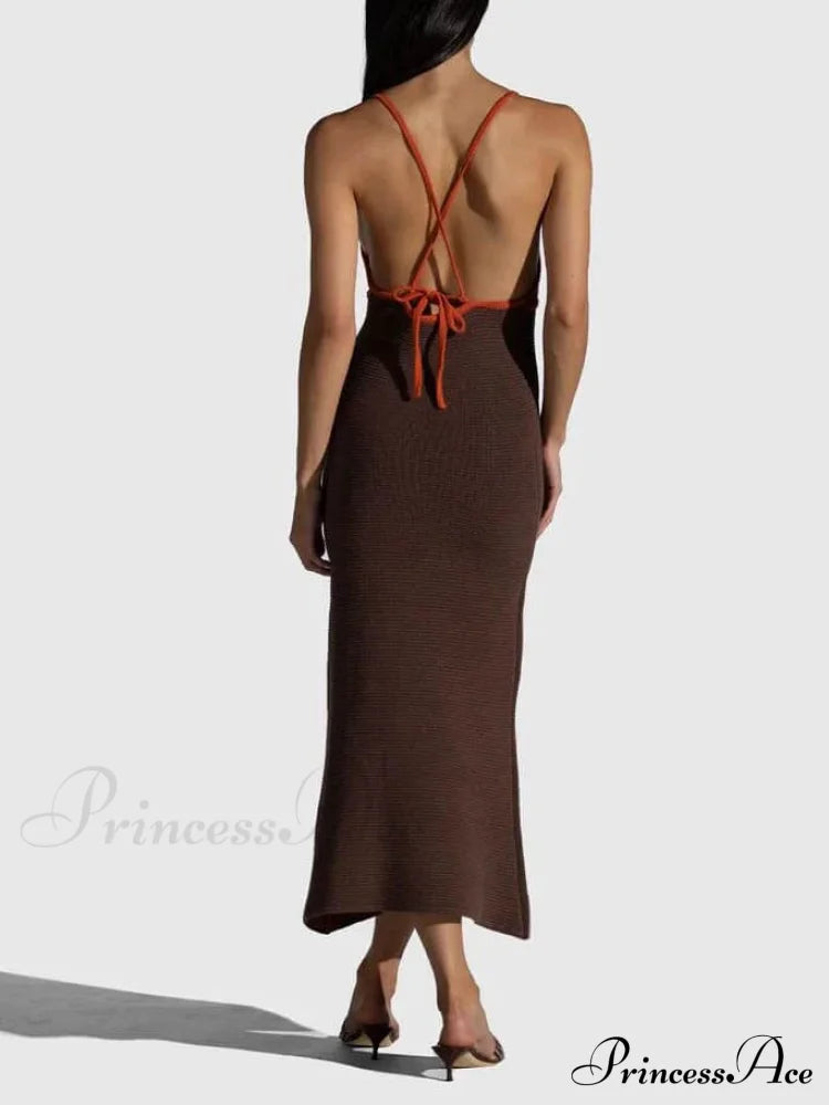 Knitted Suspender Halterneck V-neck Graceful Backless Midi Dress