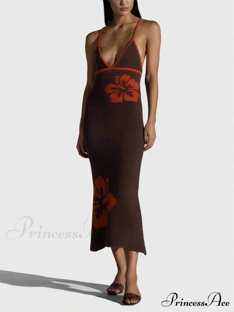 Knitted Suspender Halterneck V-neck Graceful Backless Midi Dress