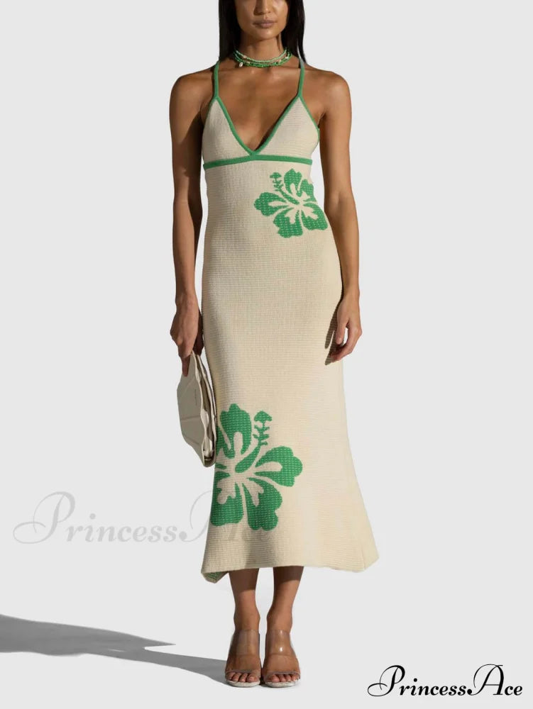 Knitted Suspender Halterneck V-neck Graceful Backless Midi Dress