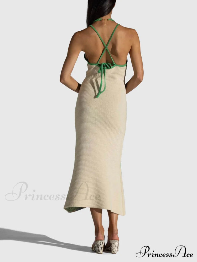 Knitted Suspender Halterneck V-neck Graceful Backless Midi Dress