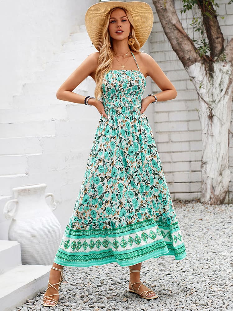 Print Smocked Chest Halter Neck Maxi Dress