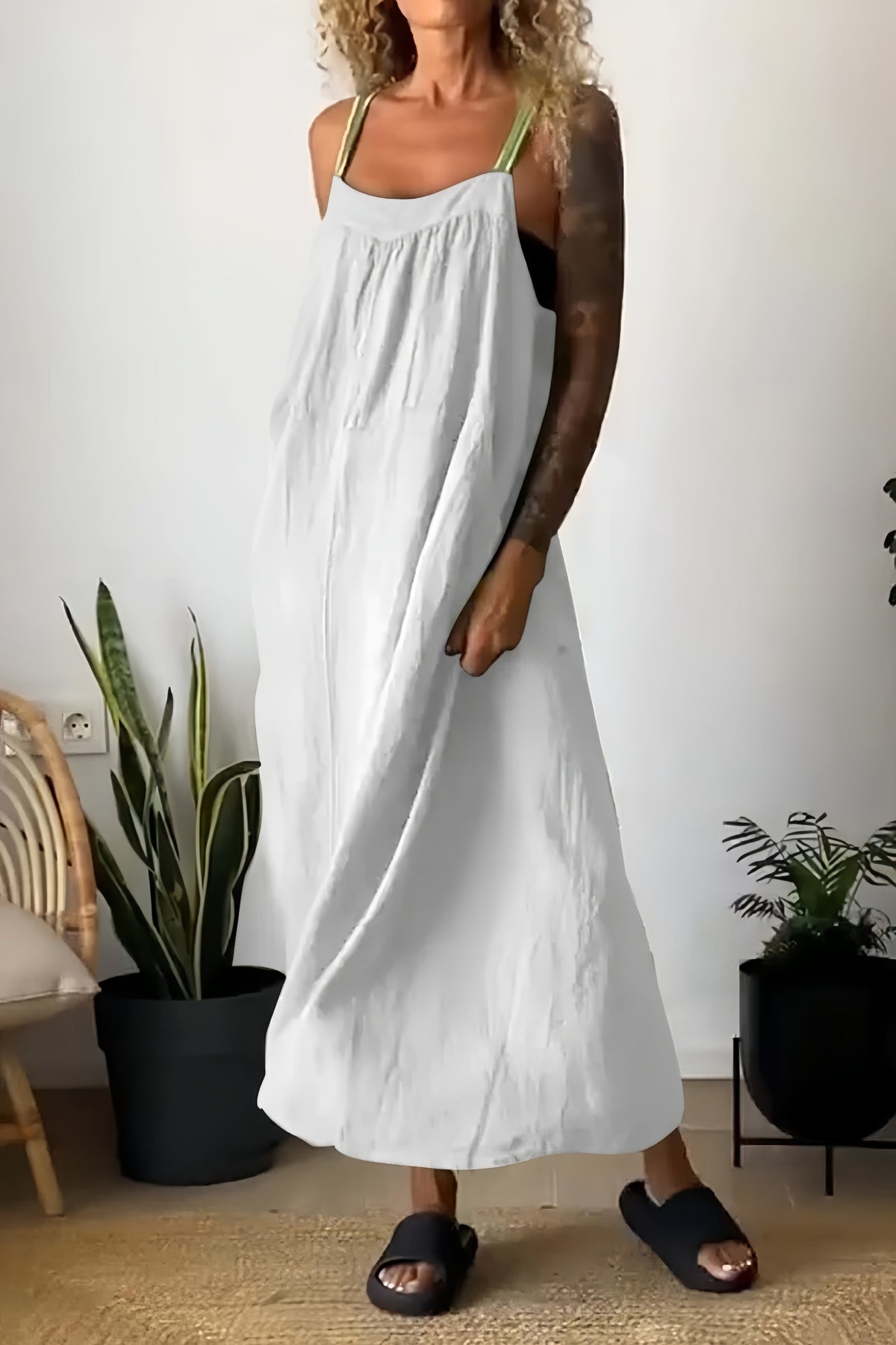 Cotton Linen Pocketed Overall Dress