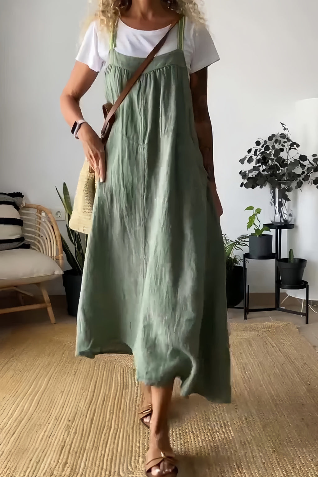 Cotton Linen Pocketed Overall Dress