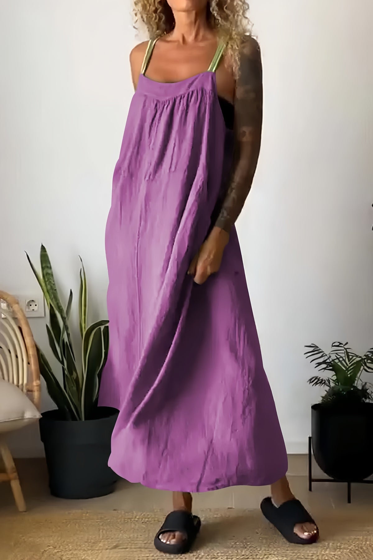 Cotton Linen Pocketed Overall Dress