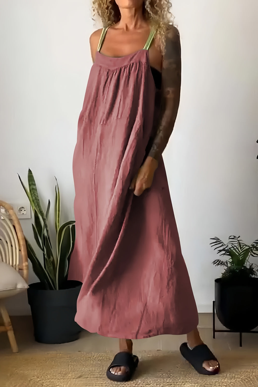 Cotton Linen Pocketed Overall Dress
