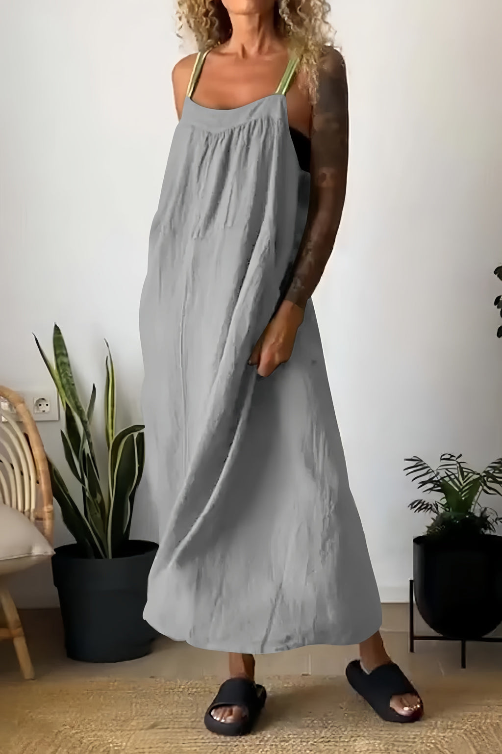 Cotton Linen Pocketed Overall Dress