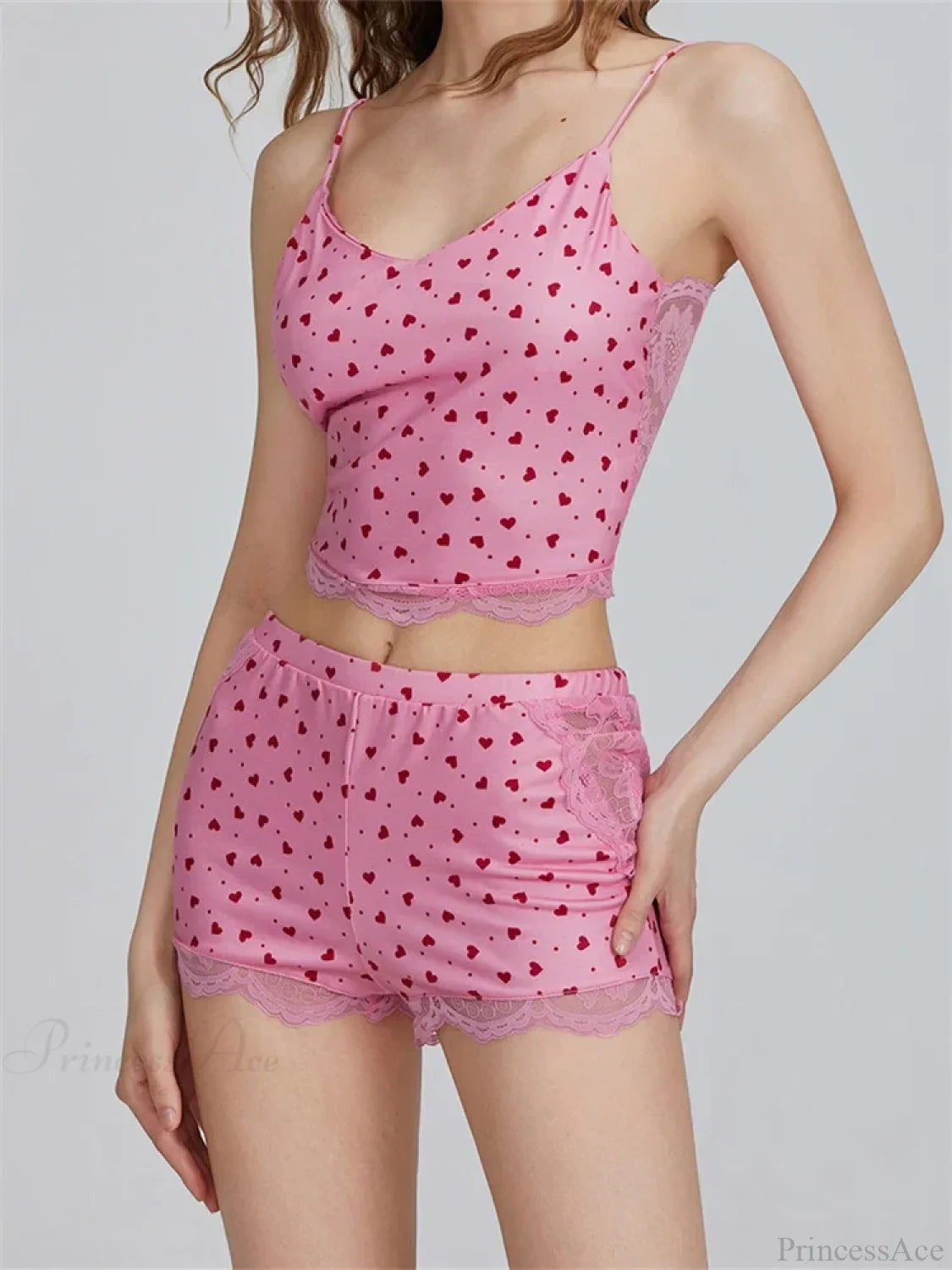 Lace Patchwork Heart Print Camis Crop Top With Shorts Pajama Set