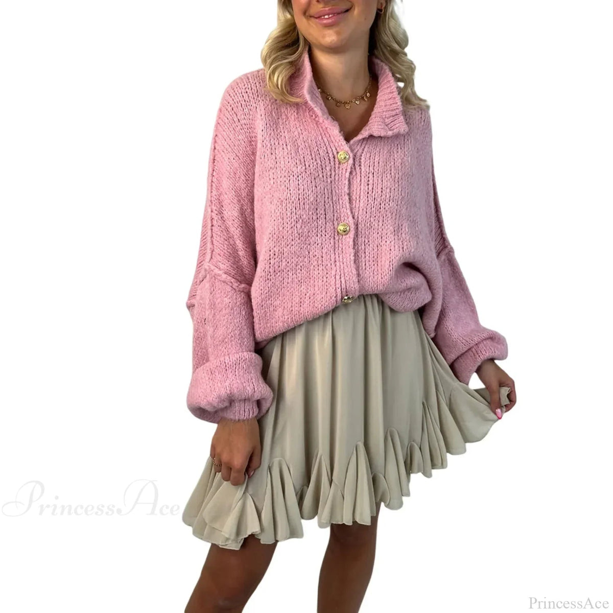 Lantern Sleeve Stand Collar Cardigan