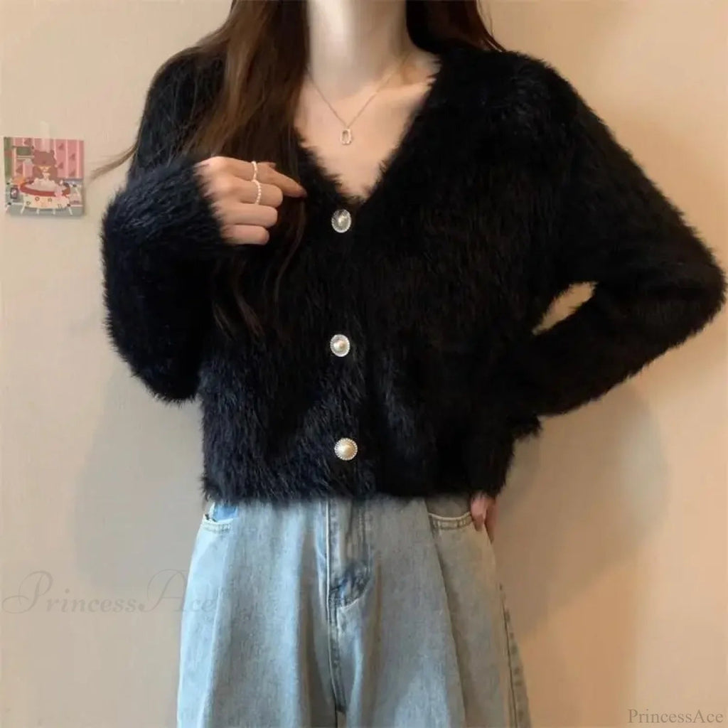 Lantern Sleeve V-neck Button-up Knit Cardigan Coat