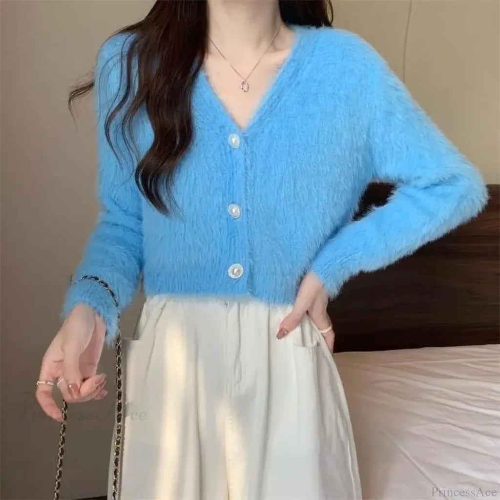 Lantern Sleeve V-neck Button-up Knit Cardigan Coat