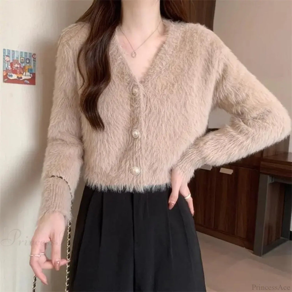 Lantern Sleeve V-neck Button-up Knit Cardigan Coat