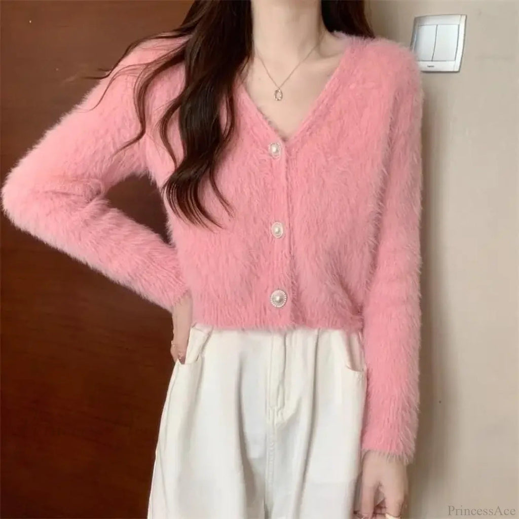 Lantern Sleeve V-neck Button-up Knit Cardigan Coat