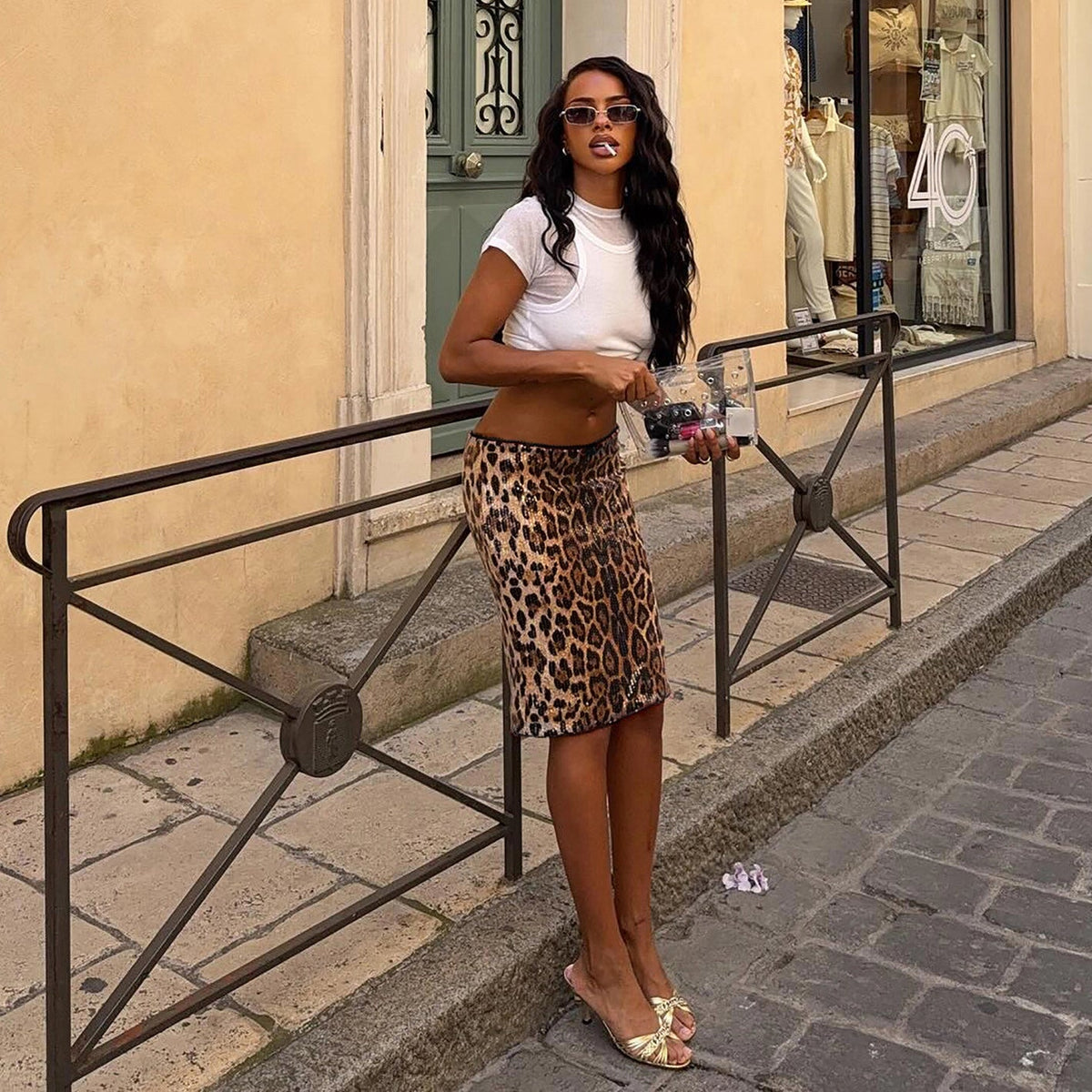 Leopard Sequin Bodycon Midi Skirt