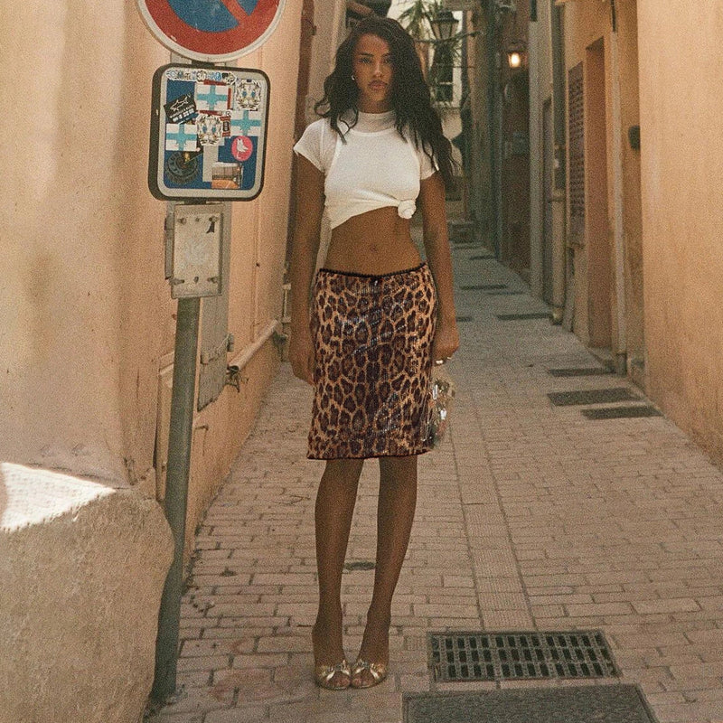 Leopard Sequin Bodycon Midi Skirt