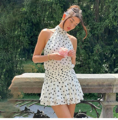 Polka Dot Halter Backless Mini Dress
