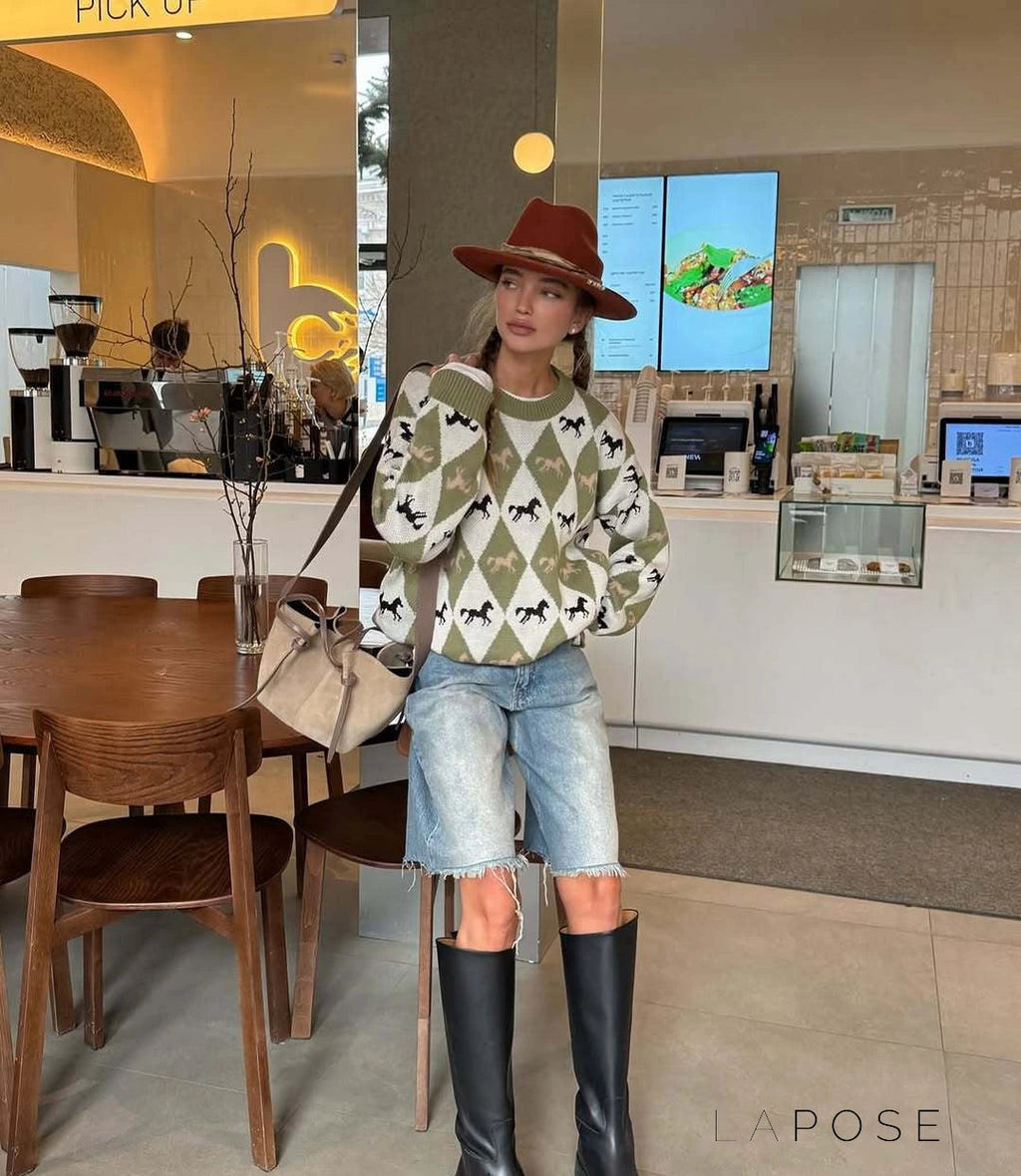 Stefania Contrast Argyle Sweater