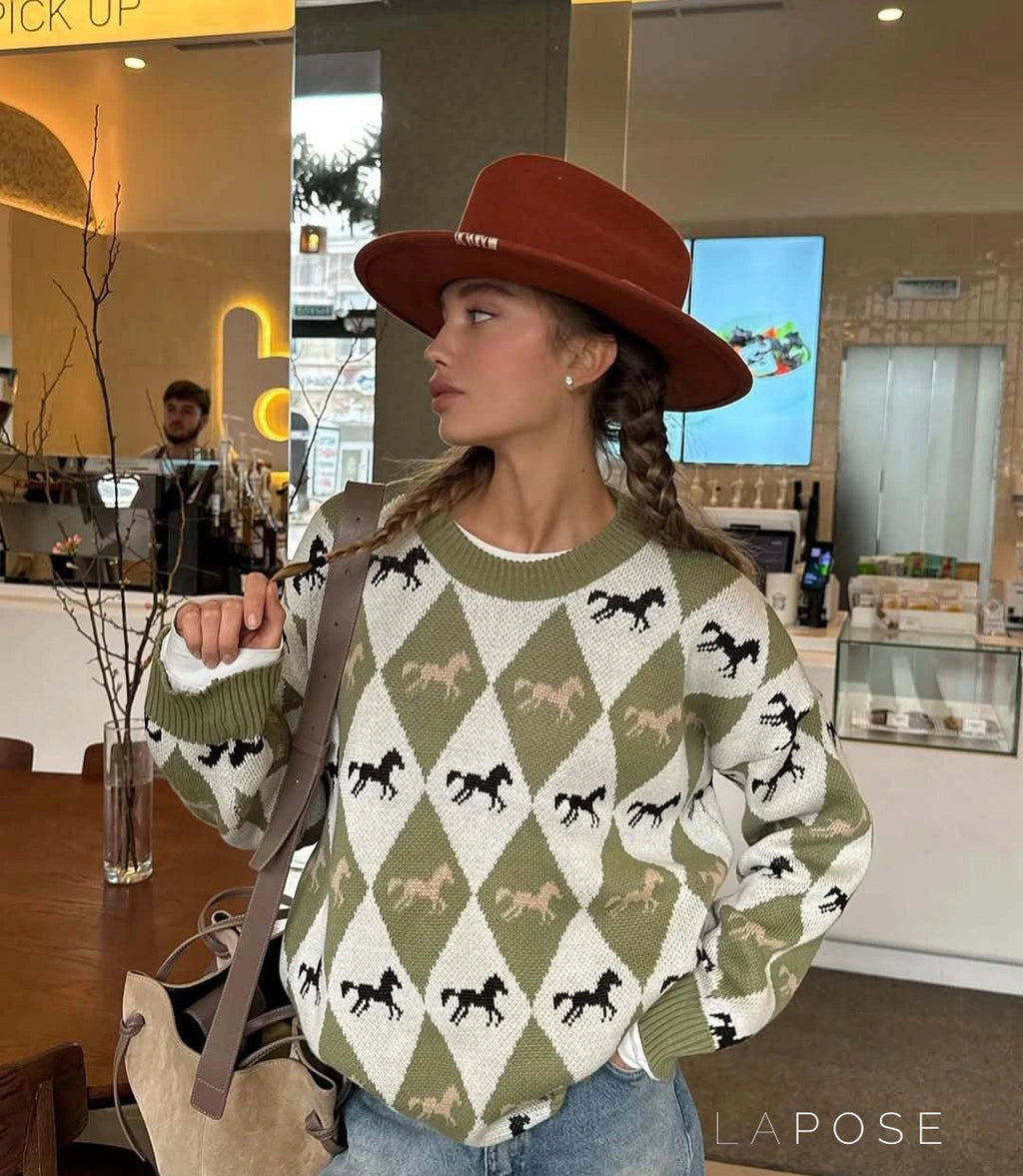 Stefania Contrast Argyle Sweater